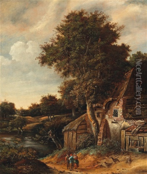 A Landscape With Trees And Farmhouses Near A River Oil Painting - Cornelis Gerritsz Decker