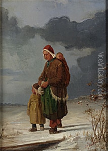 Vinterlandskap Med Mor Och Barn Oil Painting - Anders Gustav Koskull