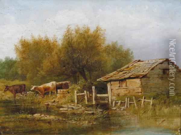 Cattle Watering Beside A Building In A Landscape Oil Painting - W. Banks