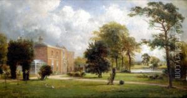 The Manor House, Barrow On Trent, A Summer River Landscape With Formal Gardens, Signed Oil Painting - David Payne