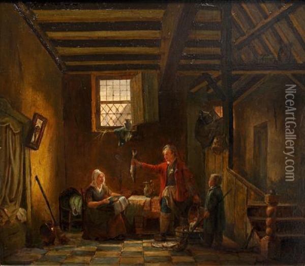 Interior Scene, With Fisherman Presenting His Catch Oil Painting - Jacobus Jacobs
