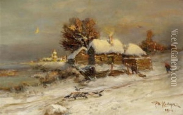Russisches Dorf In Winterlandschaft Oil Painting - Yuliy Yulevich (Julius) Klever