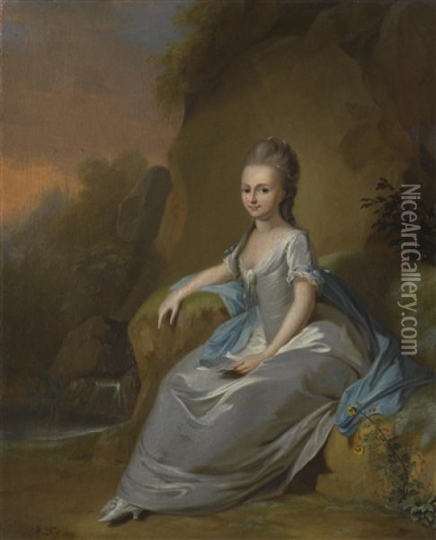 Portrait Of Elisabeth Von Breitenbach, Wearing A Blue Dress, Seated In A Landscape Oil Painting - Anton Wilhelm Tischbein
