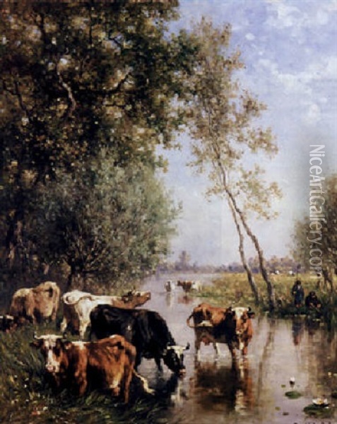 Watering Cows Near Het Gein, Abcoude Oil Painting - Willem Roelofs