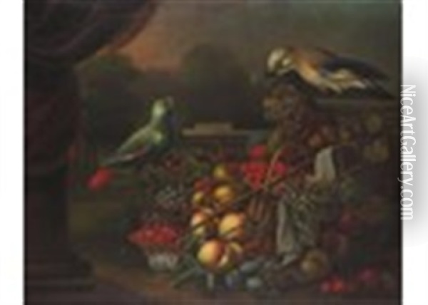 Still Life Of Fruit With A Basket And Bowl And A Parrot And Jay Oil Painting - Tobias Stranovius