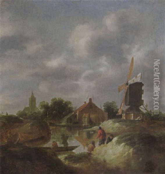 A River Landscape With Figures Fishing Near A Windmill, A Church Beyond Oil Painting - Nicolaes Molenaer
