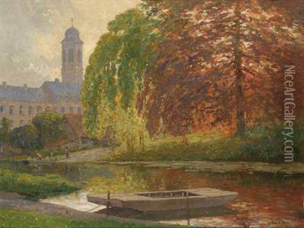 Ein Kanal Ineinem Flamischen Stadtchen Oil Painting - Gustave Dierkens
