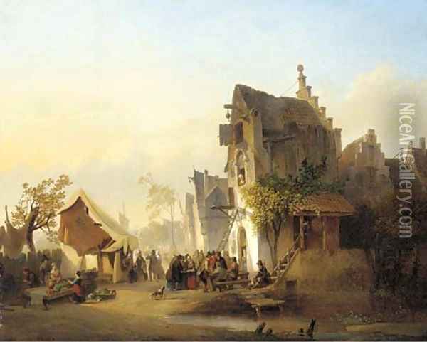 A gathering outside a Dutch hostelry Oil Painting - Henri Adolphe Schaep