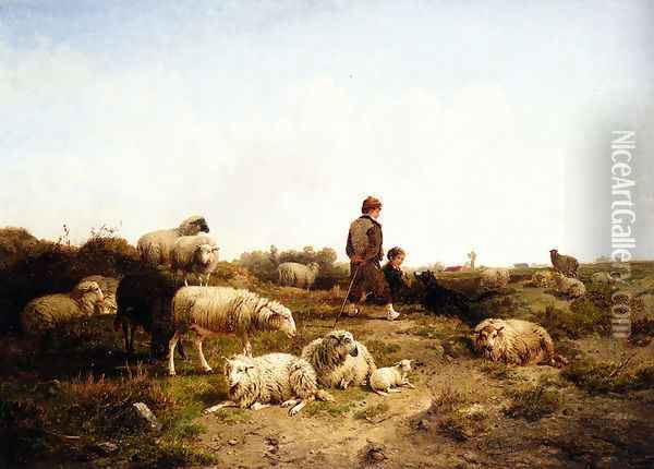 Shepherd Boys With Their Flock Oil Painting - Cornelis van Leemputten