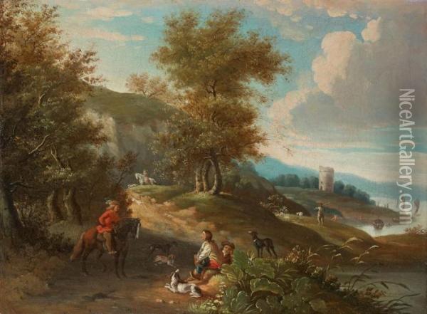 Landschaft Mit Reitern Und Anglern Oil Painting - Christian Georg Ii Schuz