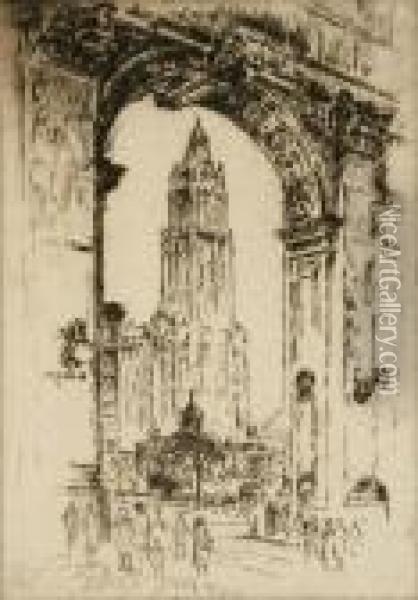 The Woolworth, Through The Arch Oil Painting - Joseph Pennell