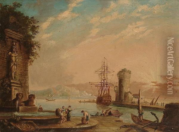 A Mediterranean Harbour At Sunset Oil Painting - Claude-joseph Vernet