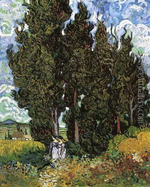 Cypresses With Two Female Figures Oil Painting - Vincent Van Gogh