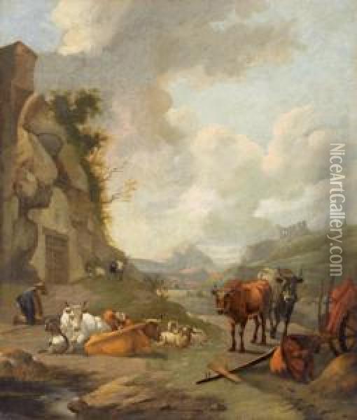 Un Pastore E Il Suo Gregge Nella Campagna Romana Oil Painting - Willem Romeyn