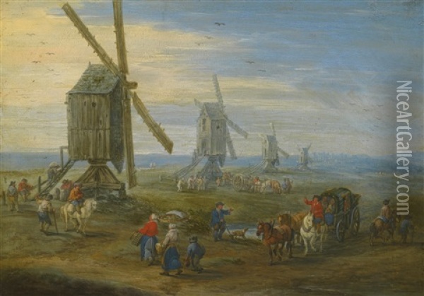 Landscape With A Row Of Working Windmills, Figures On Foot, On Horseback And In Carts, A Town In The Distance Oil Painting - Jan Brueghel the Elder