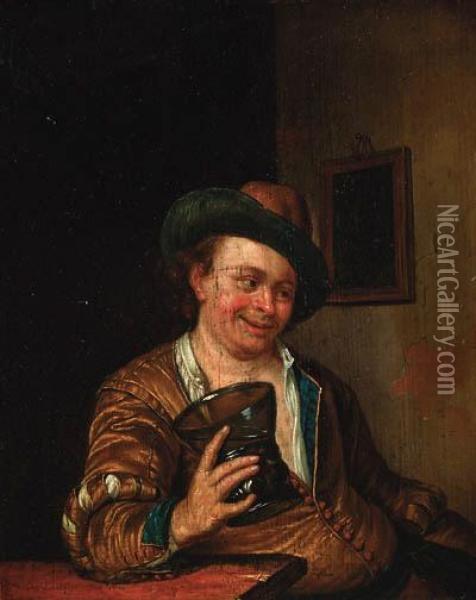 A Peasant Man Holding A Large Roemer At A Table In Aninterior Oil Painting - Willem van Mieris