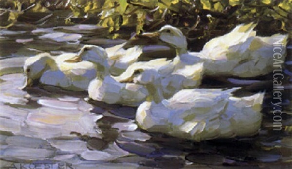 Vier Weise Enten Auf Dem Wasser Oil Painting - Alexander Max Koester