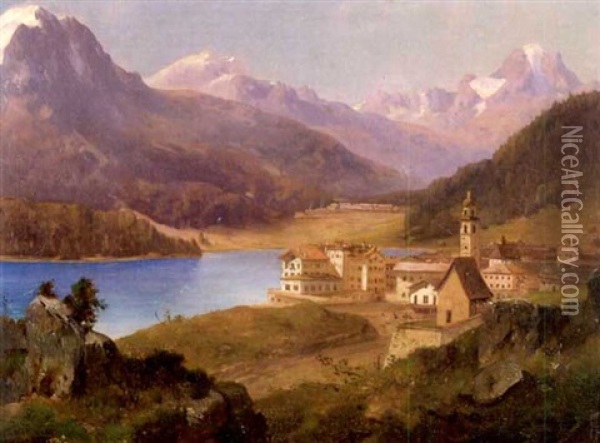 Dorf Und Bad St. Moritz In Ober-engadin - Piz Rosegg, Piz Corvatsch, Piz Margna Oil Painting - Adolf Obermuellner