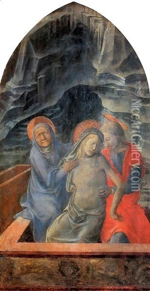 Dead Christ Supported by Mary and St John the Evangelist Oil Painting - Fra Filippo Lippi