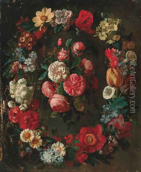 A swag of tulips, narcisi, convulvulus, corn flowers and other flowers surrounding a bunch of roses Oil Painting - Jean Picart