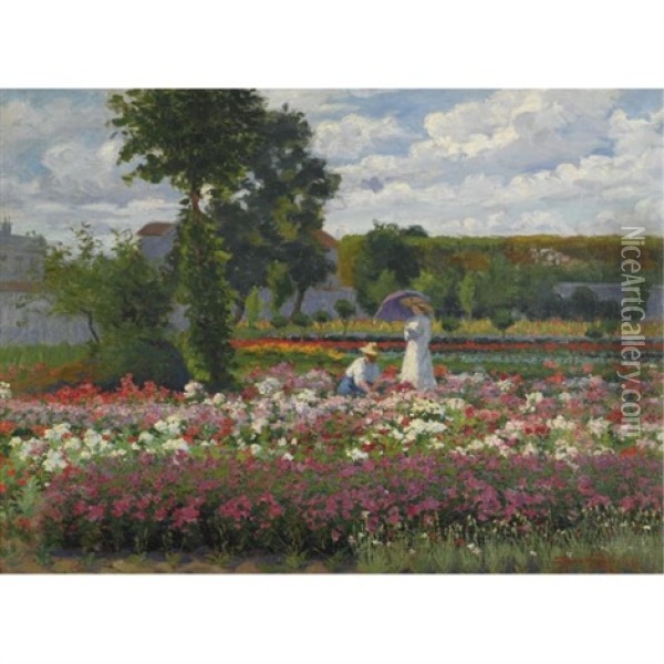 In The Garden Oil Painting - Lorand (Roland) Zubriczky