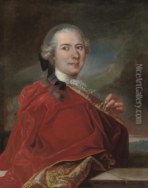 Portrait Of Monsieur De La Porte, In A Red Cloak, In A Landscape Oil Painting - Louis Antoine De Sixe