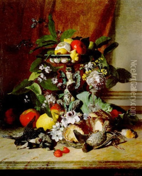 Nature Morte Aux Fruits Et Oiseaux Oil Painting - David Emile Joseph de Noter