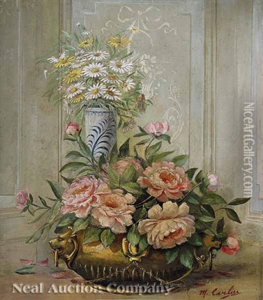 Still Life Of Daisies And Roses Oil Painting - Modeste (Max) Carlier