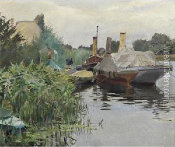 Boats On The River Marne Oil Painting - Ferdinand Joseph Gueldry