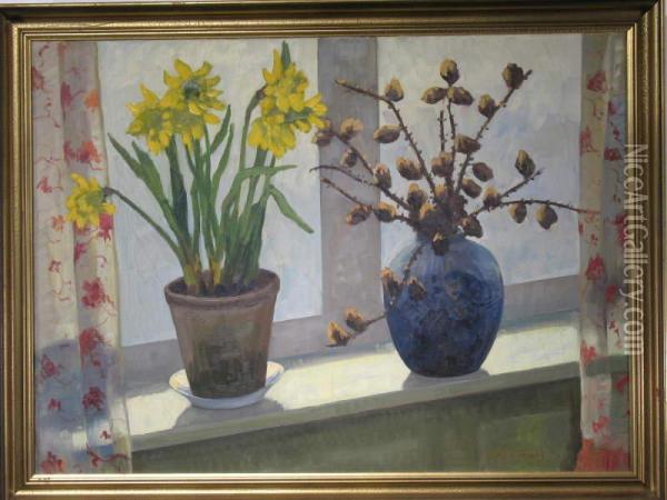 Stilleben: Fensterbank Mit Blumentopfen Oil Painting - Johan Jakobsen