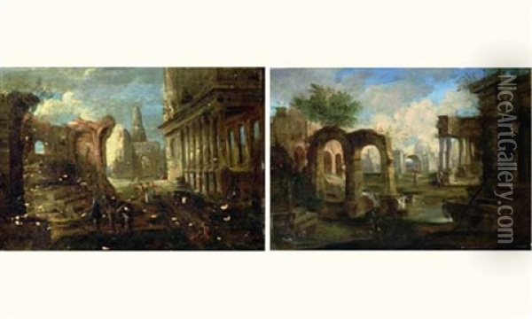 Architecture Antique Animee De Personnages (pair) Oil Painting - Alberto Carlieri