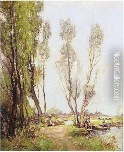 Poplars; The Cottage Oil Painting - William Watt Milne