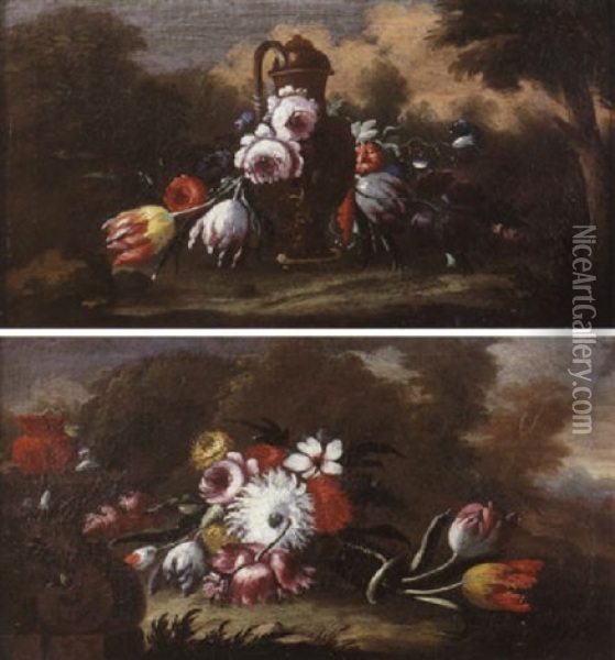 Nature Morte Au Bouquet De Fleurs Sur Fond De Paysage Oil Painting - Gasparo Lopez