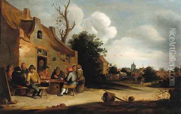 Peasants smoking and drinking outside an inn, a village in the distance Oil Painting - Pieter de Bloot