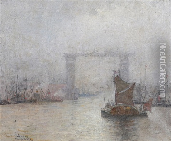 Tower Bridge Under Construction, An Impressionist View Of The Thames Oil Painting - Edmond Picard