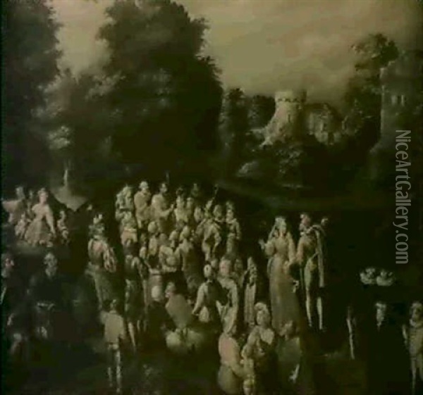 Die Predigt Johannes Des Taufers In Einer Waldlandschaft Mit Einem Schloss Oil Painting - Cornelis Cornelisz Van Haarlem