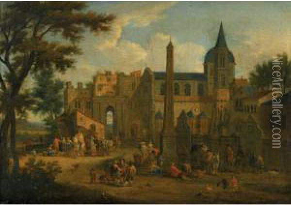 An Italianate Landscape, With Numerous Figures In A Piazza Before A Church Oil Painting - Mattijs Schoevaerdts