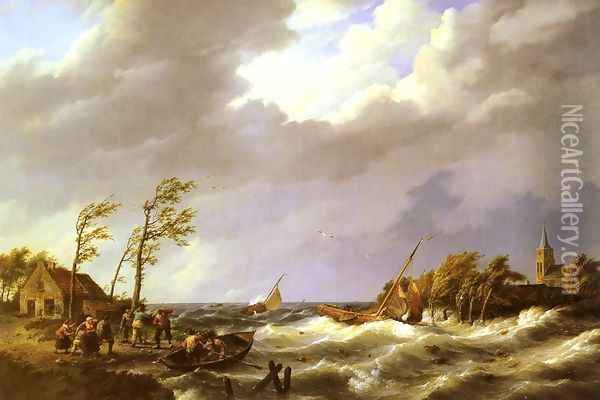 Dutch Fishing Vessel caught on a Lee Shore with Villagers and a Rescue Boat in the foreground Oil Painting - Johannes Hermanus Koekkoek Snr