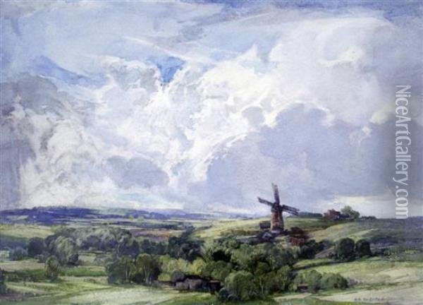 Windmill In A Landscape Oil Painting - George Robert Rushton
