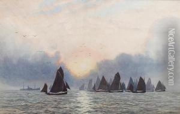 The Sprat Fleet Leaving Poole Harbour, Dorset Oil Painting - William Pye