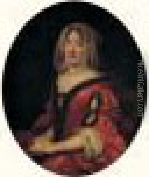 Portrait De Jeune Femme En Robe Rouge Bordee De Fourrure Oil Painting - Pierre Le Romain I Mignard