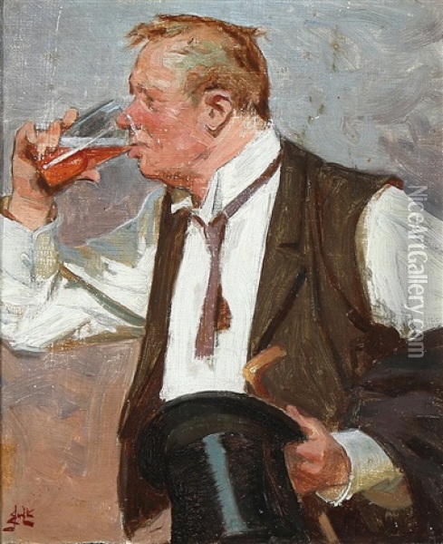 A Gentleman In A Waistcoat Enjoying A Pint Of Beer Oil Painting - Erik Ludwig Henningsen