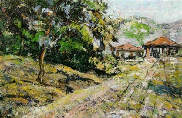 Landscape With Red Roofed Huts In The Distance Oil Painting - Ernest Lawson