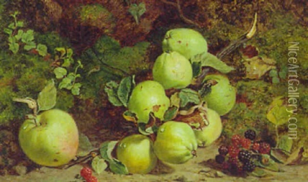 Apples And Raspberries On A Mossy Bank Oil Painting - William Hough