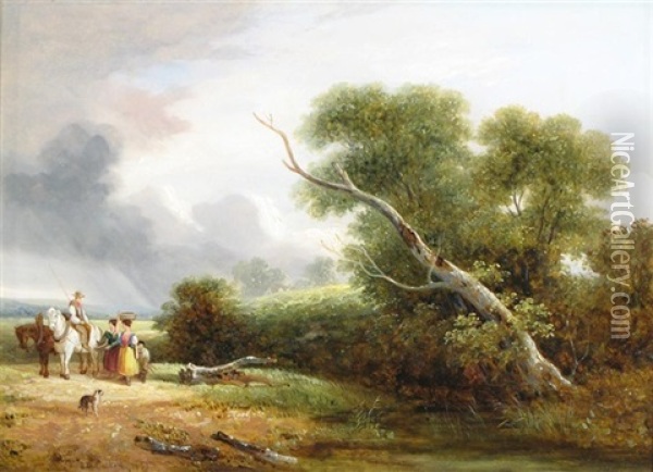 Travelers On A Path In A Wooded Landscape Oil Painting - Samuel David Colkett