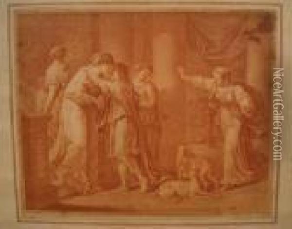 Figures And Dogs In A Classical Interior Oil Painting - Angelica Kauffmann
