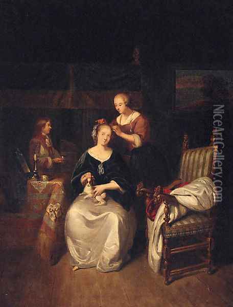 A lady seated in an interior with a spaniel on her lap, a servant tending her hair Oil Painting - Caspar Netscher