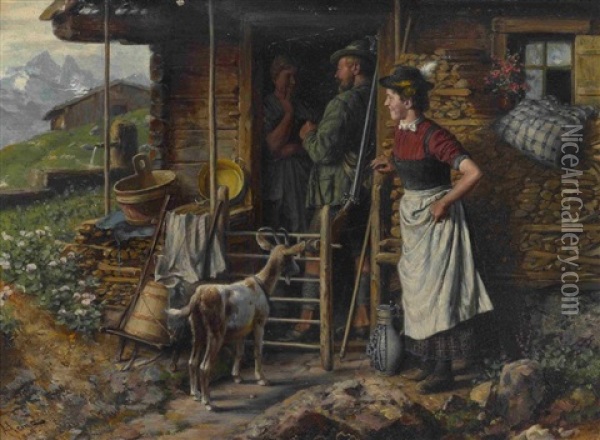 Der Besuch Des Jagers Auf Der Alm Oil Painting - Johann Adalbert Heine