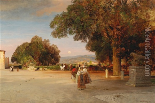 Scene At Dusk On The Terrace Of A Roman Villa Oil Painting - Oswald Achenbach