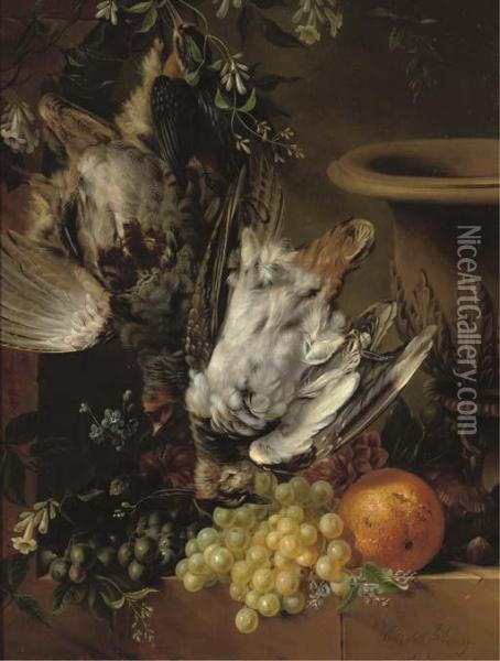 Game, Fruit And Flowers On A Ledge Oil Painting - Elisabeth Johanna Koning